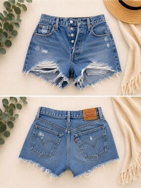 Levi's Distressed High-Waist Blue Denim Shorts